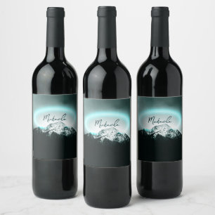 Rótulo De Garrafa De Cerveja Monograma de luz neon azul misterioso da montanha 