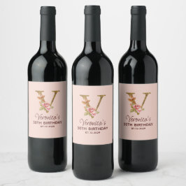 Rótulo De Garrafa De Cerveja Monograma de Ouro com Letra V e Rosas Rosa Bege
