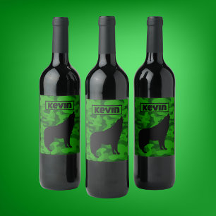 Rótulo De Garrafa De Cerveja Monograma do Lobo Negro do Camo Verde Moderno