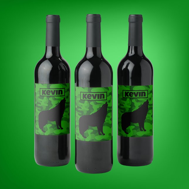 Rótulo De Garrafa De Cerveja Monograma do Lobo Negro do Camo Verde Moderno | (Criador carregado)
