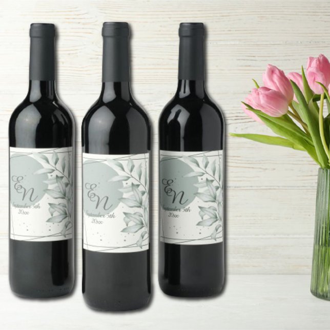 Rótulo De Garrafa De Cerveja Monograma Elegante Romântico Verde Deixa Casamento (Criador carregado)