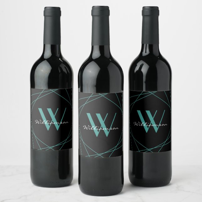 Rótulo De Garrafa De Cerveja Monograma Moderno Preto Azul com Nome Script Geomé (Garrafas)