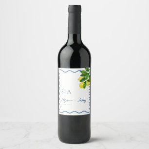 Rótulo De Garrafa De Cerveja Monogramas Limão Cítrico, Borda Onda Azul Casament