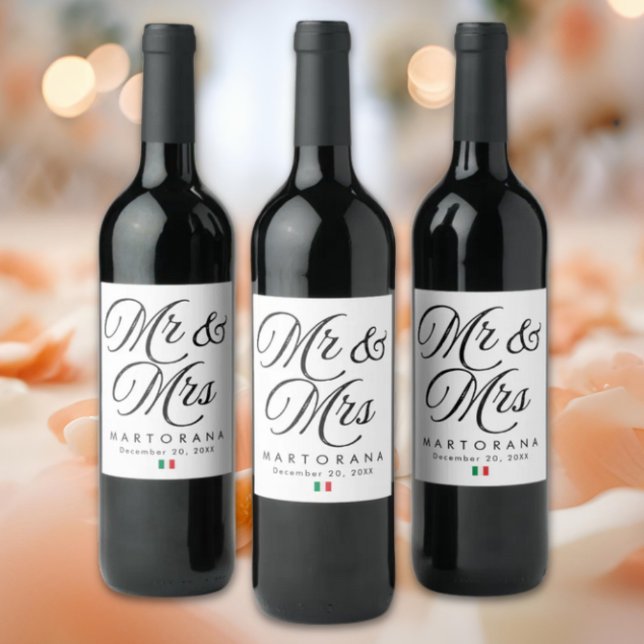 Rótulo De Garrafa De Cerveja Mr and Mrs Personalized Italian Wedding (Mr & Mrs Personalized Italian Wedding Wine Label with Flag of Italy icon)