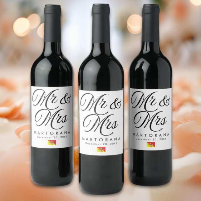 Rótulo De Garrafa De Cerveja Mr and Mrs Personalized Sicilian Wedding (Mr & Mrs Elegant Personalized Sicilian Wedding Wine Labels with Flag of Sicily accent)
