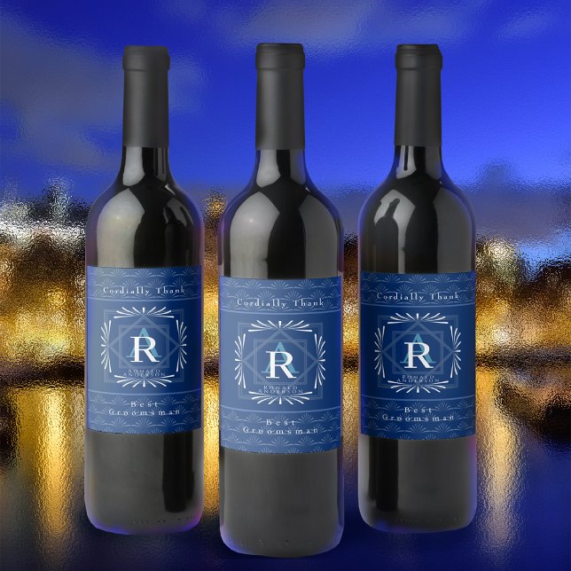 Rótulo De Garrafa De Cerveja Na moda Frame Marinho Monograma (Modern stylish Monogram Design. )