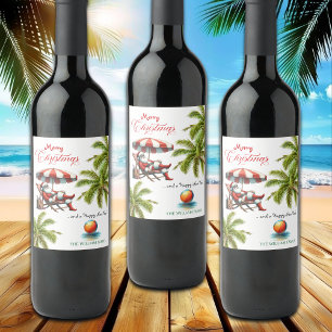 Rótulo De Garrafa De Cerveja Natal com Papai Noel sob um Guarda-Chuva de Praia