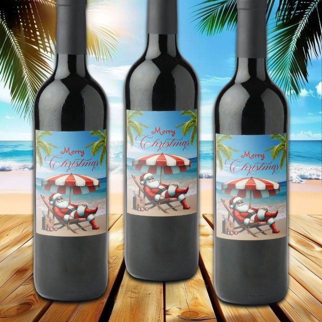 Rótulo De Garrafa De Cerveja Natal com Papai Noel sob um Guarda-Chuva de Praia (Criador carregado)