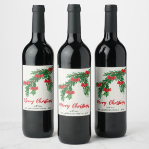 Rótulo De Garrafa De Cerveja Natal com Vegetação em Aquarela Festiva e Laço Ver