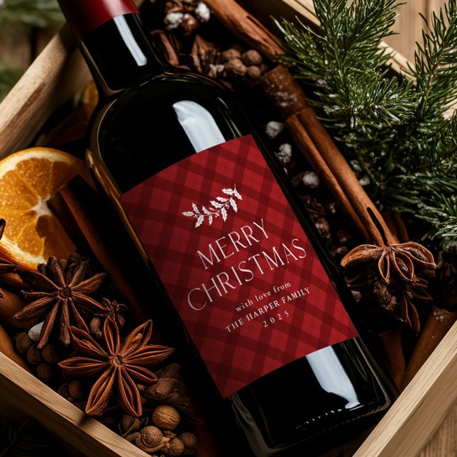 Rótulo De Garrafa De Cerveja Natal Rústico Xadrez Vermelho Moderno (Modern red plaid rustic Christmas wine label.)