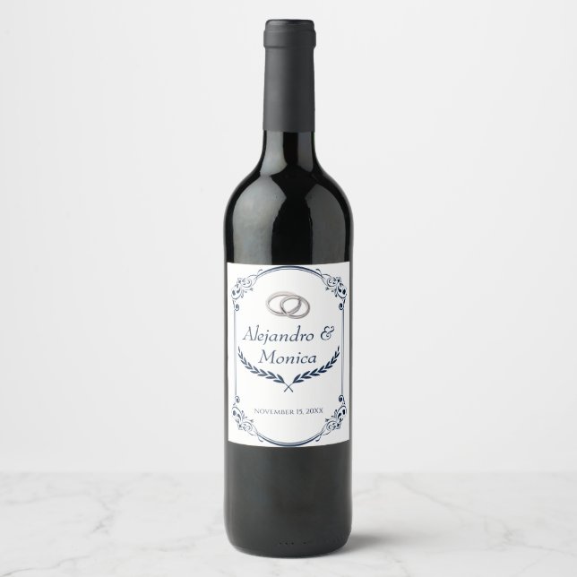 Rótulo De Garrafa De Cerveja Navy Blue and Silver Wedding Ring Wine Label (Frente)