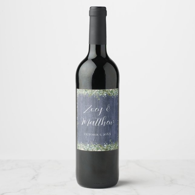 Rótulo De Garrafa De Cerveja Navy Wood Eucalyptus Wedding Wine Label | Rustic (Frente)
