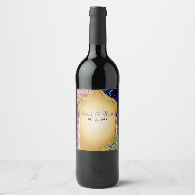 Rótulo De Garrafa De Cerveja Noites Árabes da Lua Azul Glamouroso Dourado Roxo  (Frente)
