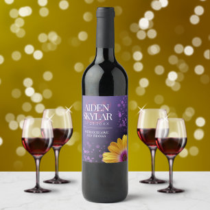 Rótulo De Garrafa De Cerveja Noiva Elegante Margarida Dourada com Brilho Roxo