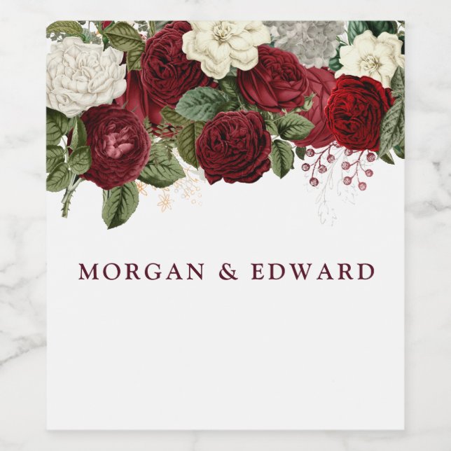 Rótulo De Garrafa De Cerveja Noivado de Casamento Floral Branco Vermelho Burgun (Rótulo Único)