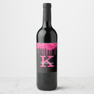 Rótulo De Garrafa De Cerveja Nome Monograma com Gotas de Brilho Rosa Neon Femin