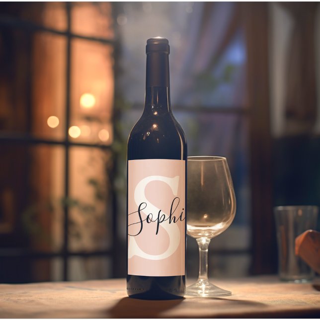 Rótulo De Garrafa De Cerveja Nome Personalizado Moderno Monograma Pastel Rosa (Criador carregado)