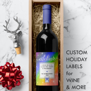 Rótulo De Garrafa De Cerveja O monograma azul da aguarela COMEMORA o arco-íris