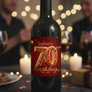Rótulo De Garrafa De Cerveja Opulento Vermelho Rubi Dourado Brilho 70º Aniversá