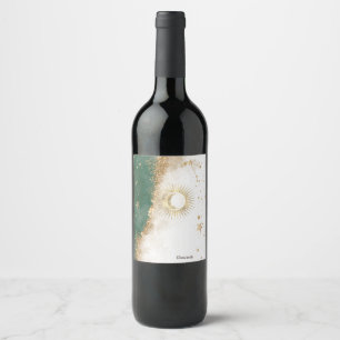 Rótulo De Garrafa De Cerveja Ouro Celestial Sol e Lua Estrelas Verde