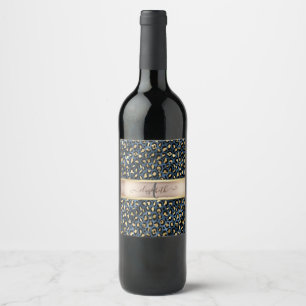 Rótulo De Garrafa De Cerveja Padrão de Leopardo Azul Dourado Monograma