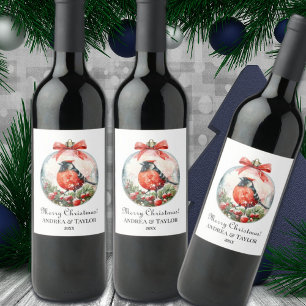 Rótulo De Garrafa De Cerveja Paisagem de inverno com pássaro vermelho