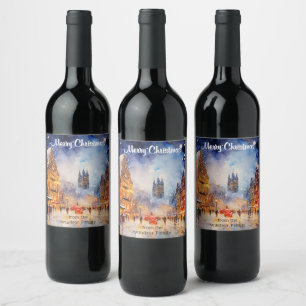 Rótulo De Garrafa De Cerveja Paisagem urbana europeia de inverno em aquarela Na