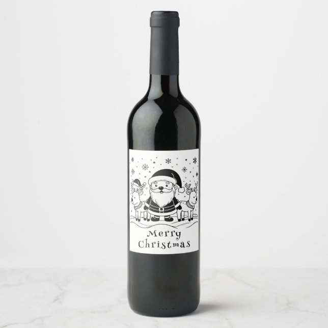 Rótulo De Garrafa De Cerveja Papai Noel Preto e Branco com Rena (Frente)