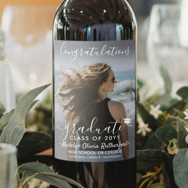 Rótulo De Garrafa De Cerveja Parabéns de Graduação Script de Foto e Branco (Criador carregado)