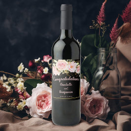 Rótulo De Garrafa De Cerveja Parabéns Pretos Rosa + Rosas de Aquarela Douradas