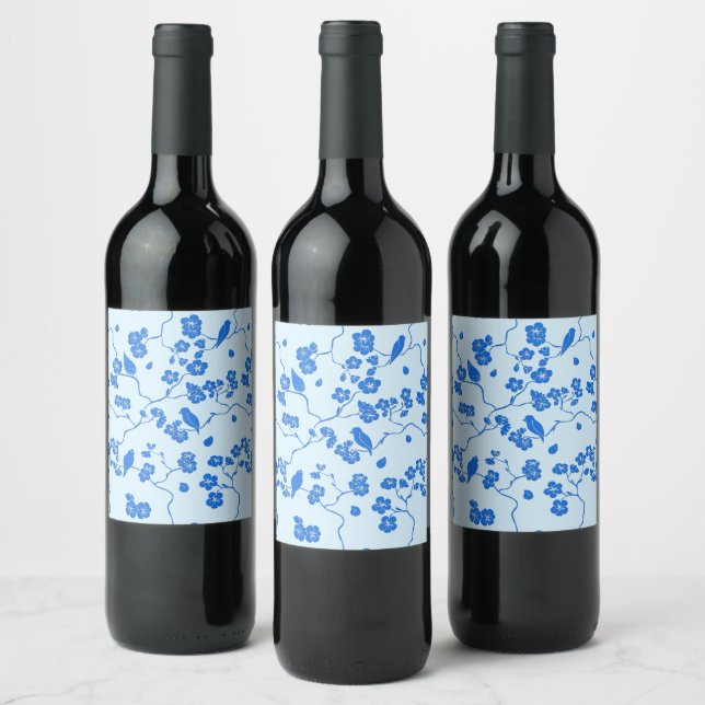 Rótulo De Garrafa De Cerveja Pássaros em flores de cerejeira azuis sobre azul (Garrafas)