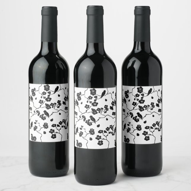 Rótulo De Garrafa De Cerveja Pássaros Pretos e Brancos com Padrões de Cereja (Garrafas)