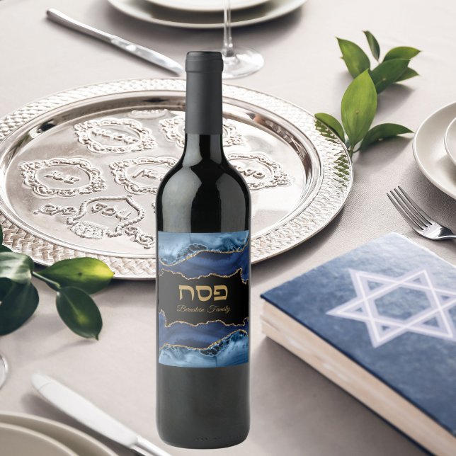 Rótulo De Garrafa De Cerveja Passover Seder Agate Blue Dourado Hebraico (Criador carregado)