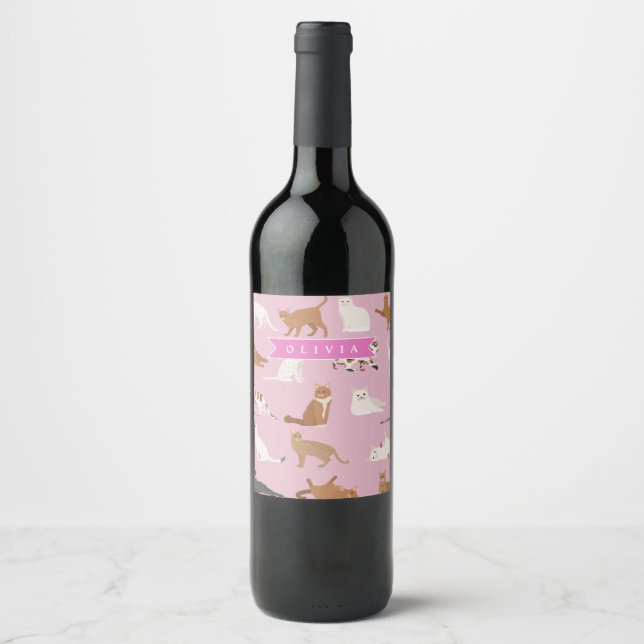 Rótulo De Garrafa De Cerveja Personalized Cute Pink Cat Pattern Gift Cat Lover (Frente)