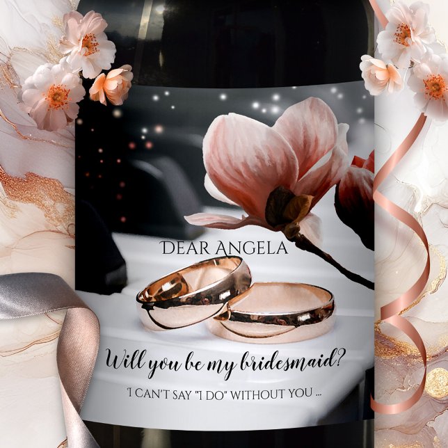 Rótulo De Garrafa De Cerveja Piano Música Casamento Anéis Bridesmaid Vinho Rótu (Romantic wedding wine label featuring rose gold wedding bands on a piano, with a magnolia flower)