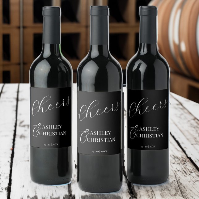 Rótulo De Garrafa De Cerveja Preto e elegante favor de casamento simples impres (Black elegant simple minimalist monogram wedding favor printed wine label personalized favors)