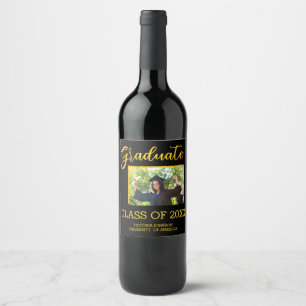 Rótulo De Garrafa De Cerveja Preto Elegante com Foto Dourada de Formando Brilha