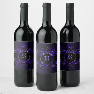 Rótulo De Garrafa De Cerveja Preto & Roxo Ornamentado Monogramado Gótico