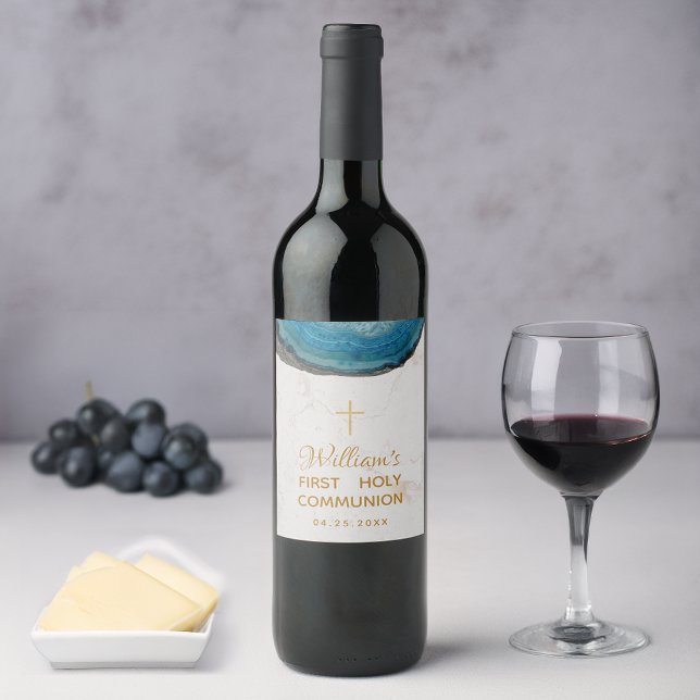 Rótulo De Garrafa De Cerveja Primeira Comunhão Menino Geodo Azul Mármore Cruz D (Criador carregado)
