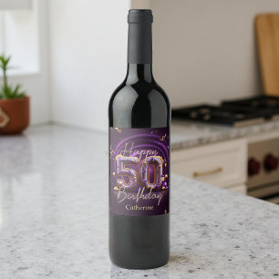 Rótulo De Garrafa De Cerveja Púrpura Elegante Luxuosa e 50º aniversário Dourado