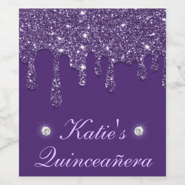 Rótulo De Garrafa De Cerveja Quinceanera Elegante Roxo Glitter (Rótulo Único)