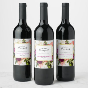 Rótulo De Garrafa De Cerveja Ramalhete Floral de Aquarela Rosa e Branco Moderno
