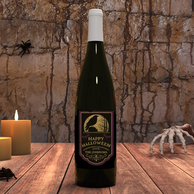 Rótulo De Garrafa De Cerveja Raven Happy Halloween  (Happy Halloween Wine Bottle with Custom Name)