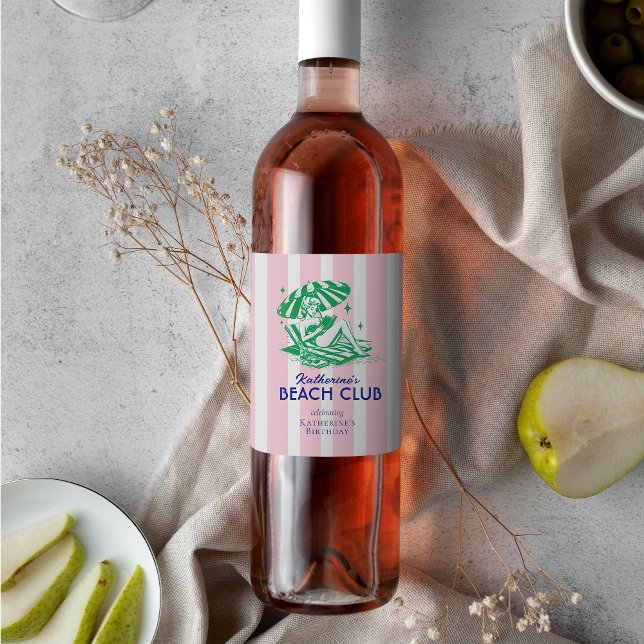 Rótulo De Garrafa De Cerveja Retro Girl Beach Club Pink Stripes Birthday Party (Criador carregado)