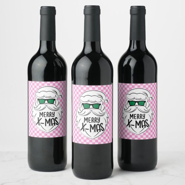 Rótulo De Garrafa De Cerveja Retro Groovy Pink Checkered Santa Claus Christmas  (Garrafas)