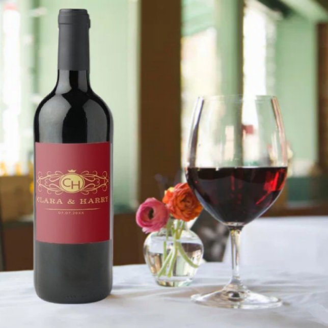 Rótulo De Garrafa De Cerveja Romantic red gold elegant monogramme wedding  (Criador carregado)