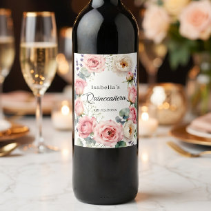 Rótulo De Garrafa De Cerveja Rosa Bege Água-Forte Floral Quinceañera