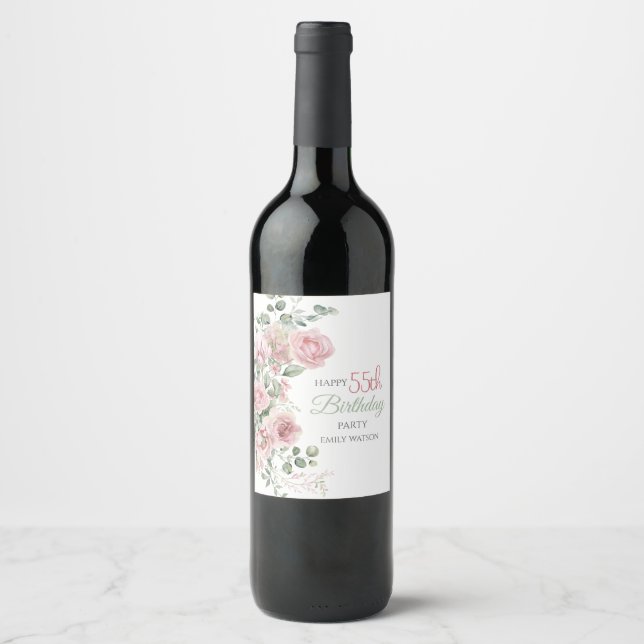 Rótulo De Garrafa De Cerveja Rosa Corada Folhagem Eucalipto Aniversário de 55 a (Frente)