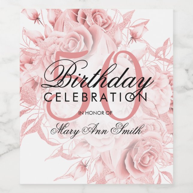 Rótulo De Garrafa De Cerveja Rosa Floral Elegante 50th Festa de aniversário Dou (Rótulo Único)