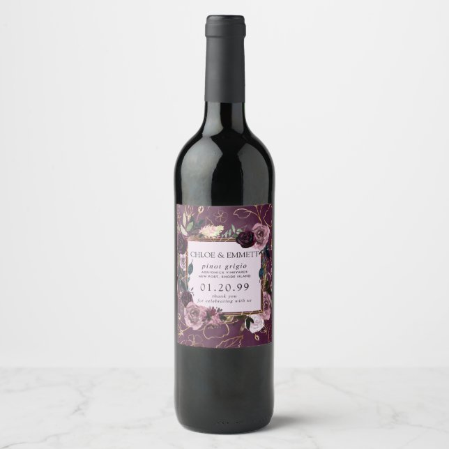 Rótulo De Garrafa De Cerveja Rosa Malva, Dourado Roxo Floral (Frente)